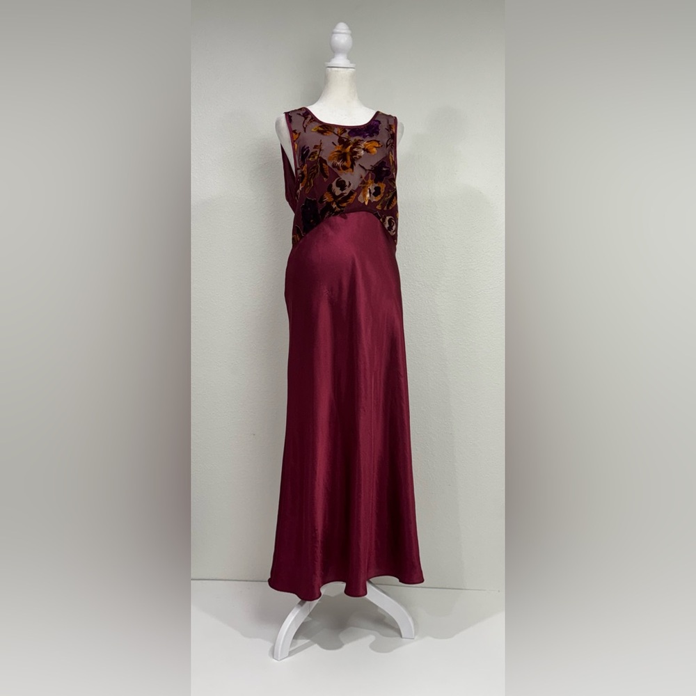Elegant Burgundy Floral Velvet Burnout Slip Dress